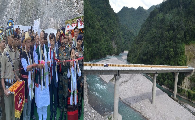 The Union Minister for Defence, Shri Rajnath Singh inaugurating Sisseri River bridge connecting Lower Dibang Valley with East Siang, in Arunachal Pradesh on November 15, 2019.
	The Chief Minister of Arunachal Pradesh, Shri Pema Khandu and the Director General, Border Roads, Lt. General Harpal Singh are also seen.