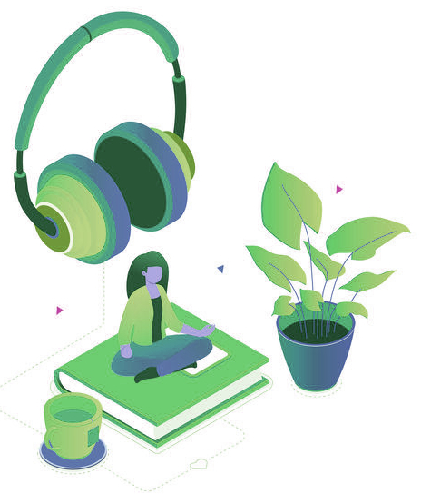Listening to music - modern colorful isometric vector illustration on white background. A composition with a woman sitting in lotus position on a book, earphones, plant, a cup of tea. Leisure concept