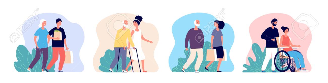 Social help. Care senior, volunteer working with elderly. Young male female caring older people. Patient health support vector illustration. Helping and support, grandma and helper assistance