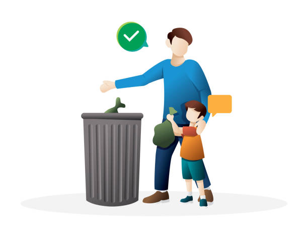 Little boy throws a garbage into the trash can. The concept of caring for the environment and sorting garbage. Vector illustration