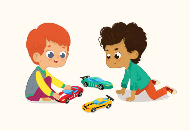 Illustration of two Cute Boys Playing with Their Toys Cars. Red hair boy shows his Toy Cars to His African-American Friend.