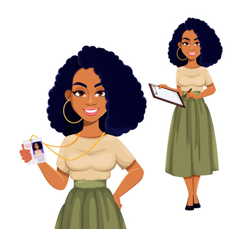 Beautiful African American business woman having a rest, set of two poses. Cute African-American businesswoman cartoon character holding badge and holding clipboard. Vector illustration