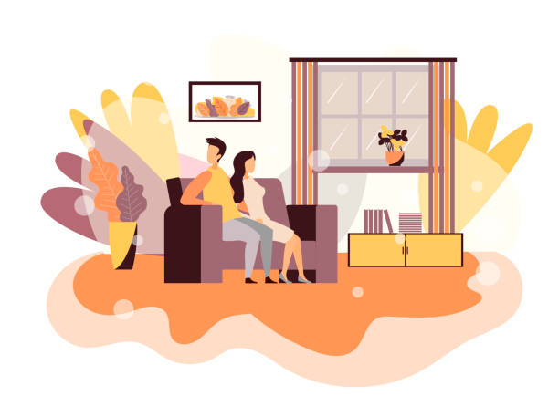 Troubles in Couple Relationship Vector Flat Design Cartoon Illustration Married Man Woman Lovers Sitting on Sofa in Modern Living Room Not Talking Guy Embracing Girlfriend with One Hand after Argument