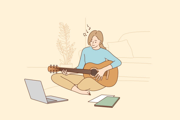 Hobby, leisure activities during quarantine concept. Young teen smiling girl sitting at home and learning playing guitar during online training during coronavirus pandemic and lockdown illustration