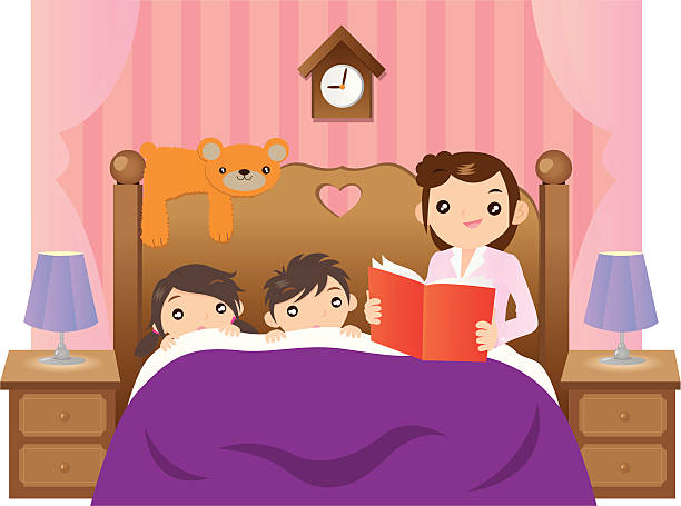 Editable vector illustration of a mother telling a story to her children before sleeping at night