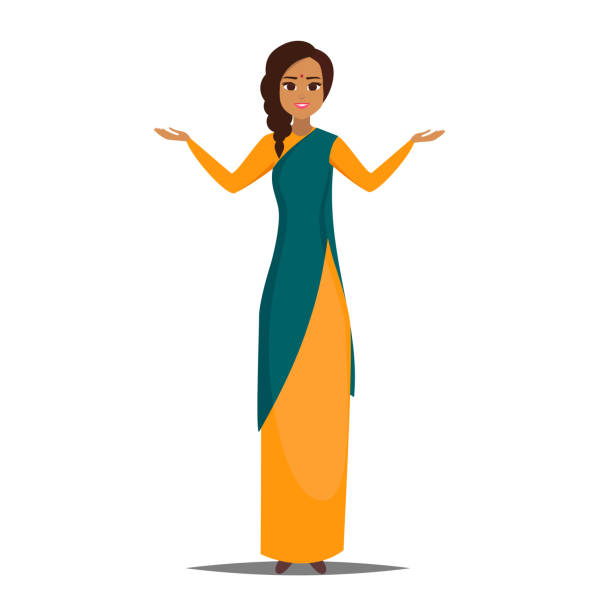 Cartoon business indian woman character with present pose. Smiling girl pointing left. Young indian woman wearing saree. Vector illustration isolated from white background